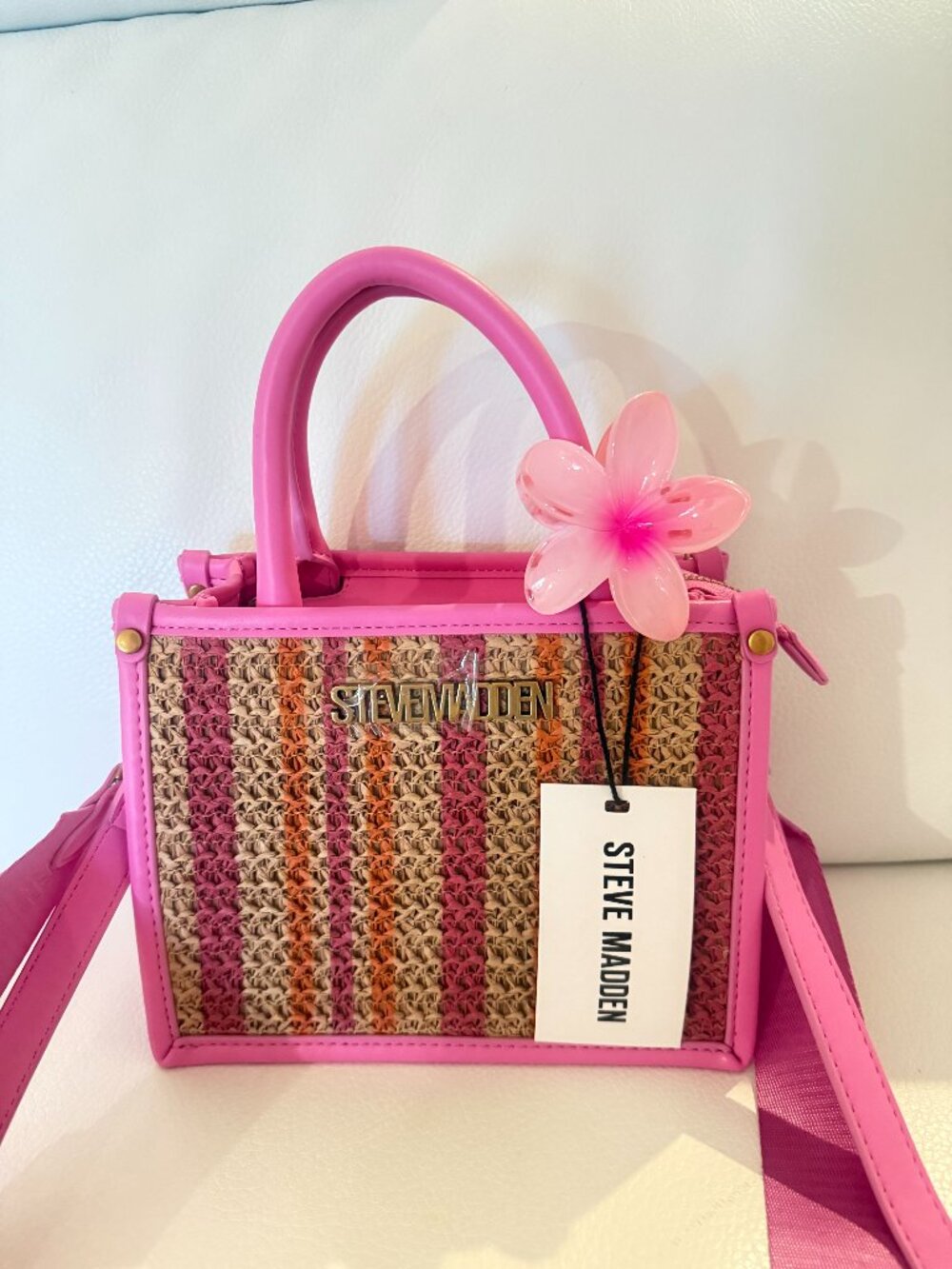 NWT Steve Madden Pink Woven Straw Mini Tote Crossbody Bag w 2 straps / hairclip